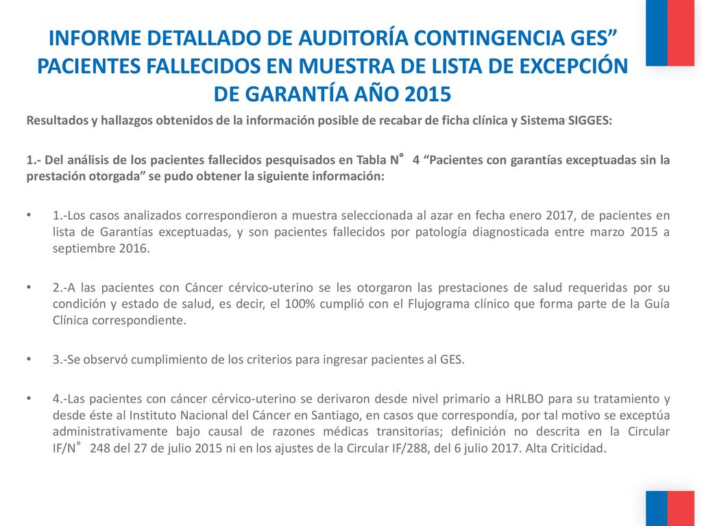 INFORME DETALLADO DE AUDITORÍA CONTINGENCIA GES PACIENTES FALLECIDOS EN MUESTRA DE LISTA DE EXCEPCIÓN DE GARANTÍA AÑO 2015