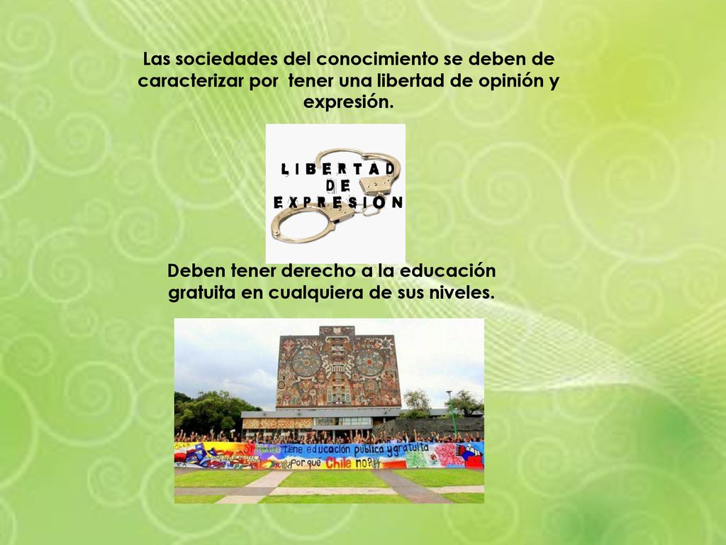 Las sociedades del conocimiento se deben de caracterizar por tener una libertad de opinión y expresión.