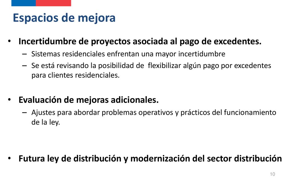 Espacios de mejora Incertidumbre de proyectos asociada al pago de excedentes. Sistemas residenciales enfrentan una mayor incertidumbre.