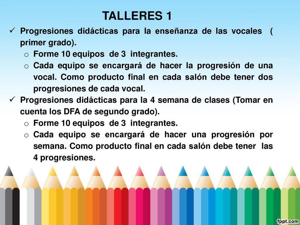 TALLERES 1 Progresiones didácticas para la enseñanza de las vocales ( primer grado). Forme 10 equipos de 3 integrantes.