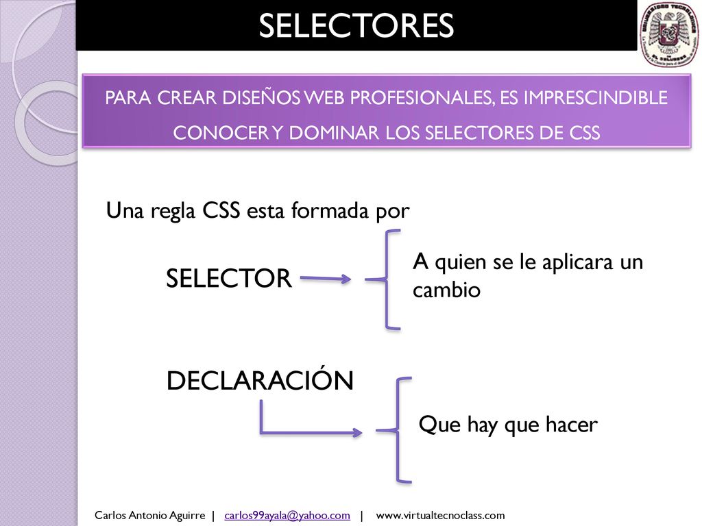 SELECTORES SELECTOR DECLARACIÓN Una regla CSS esta formada por