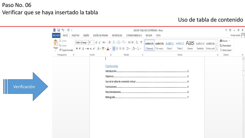 Verificar que se haya insertado la tabla Uso de tabla de contenido
