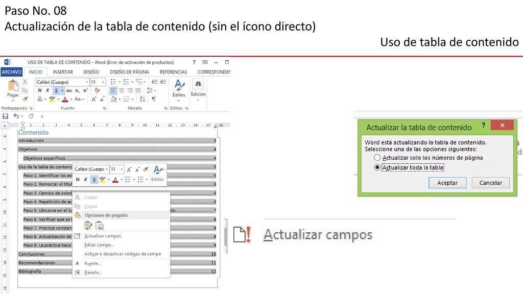 Paso No. 08 Actualización de la tabla de contenido (sin el ícono directo) Uso de tabla de contenido