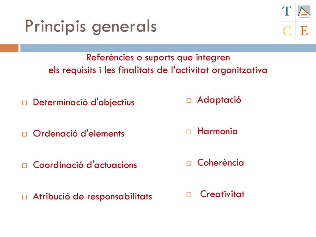 Principis generals Referències o suports que integren els requisits i les finalitats de l’activitat organitzativa.