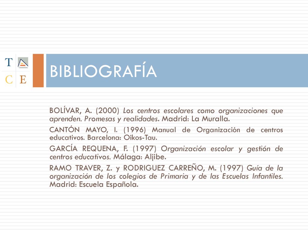 BIBLIOGRAFÍA BOLÍVAR, A. (2000) Los centros escolares como organizaciones que aprenden. Promesas y realidades. Madrid: La Muralla.