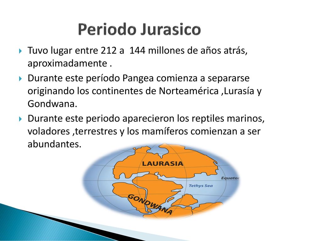 Periodo Jurasico Tuvo lugar entre 212 a 144 millones de años atrás, aproximadamente .