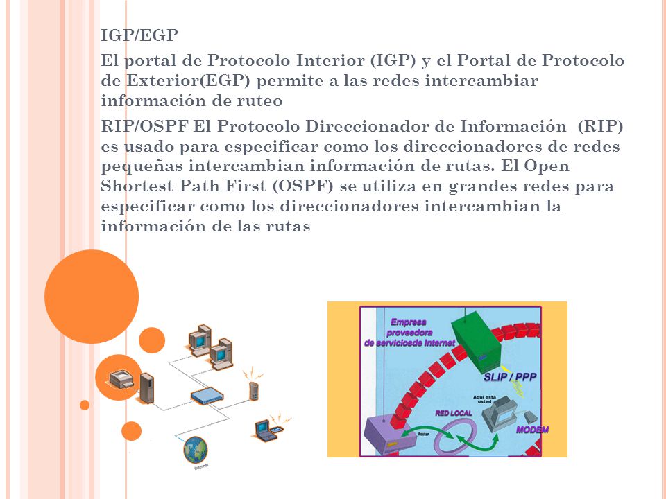 IGP/EGP El portal de Protocolo Interior (IGP) y el Portal de Protocolo de Exterior(EGP) permite a las redes intercambiar información de ruteo.