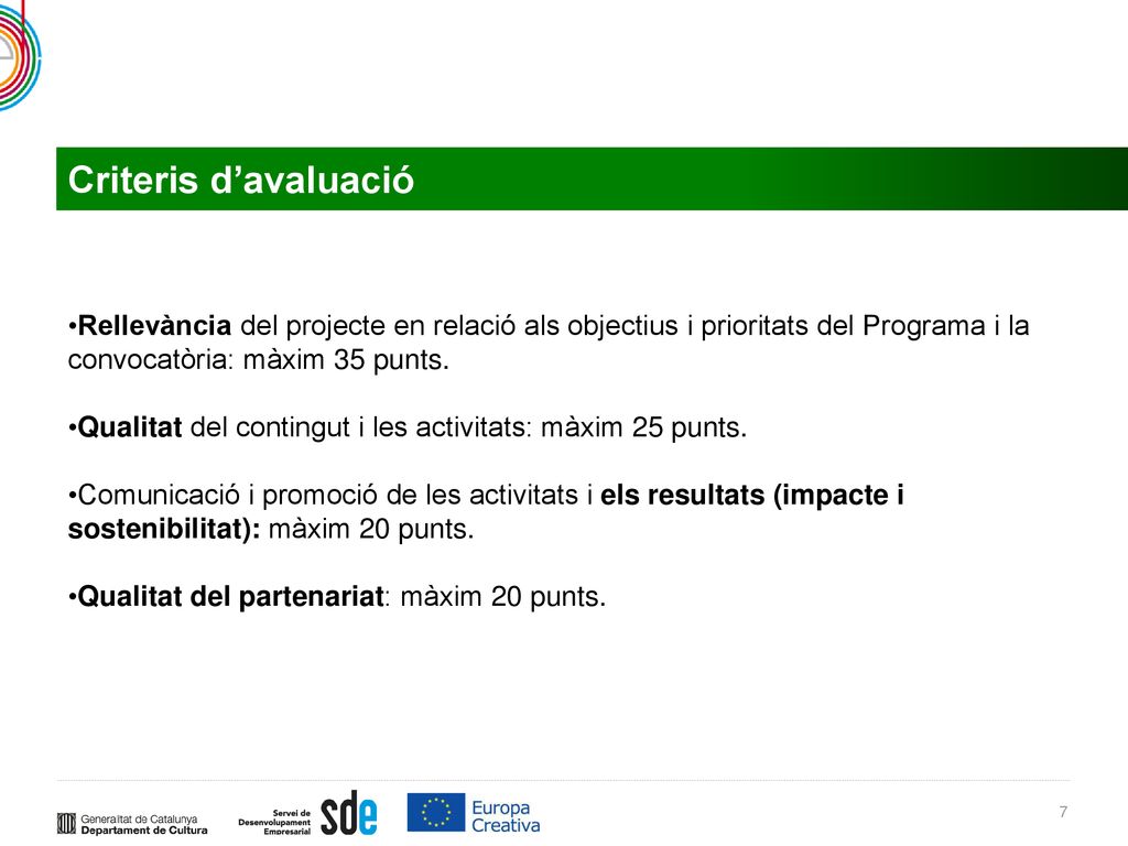 Criteris d’avaluació Rellevància del projecte en relació als objectius i prioritats del Programa i la convocatòria: màxim 35 punts.