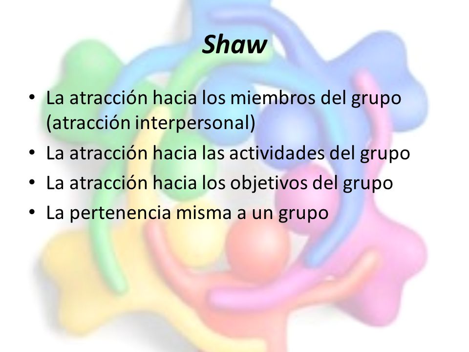 Shaw La atracción hacia los miembros del grupo (atracción interpersonal) La atracción hacia las actividades del grupo.