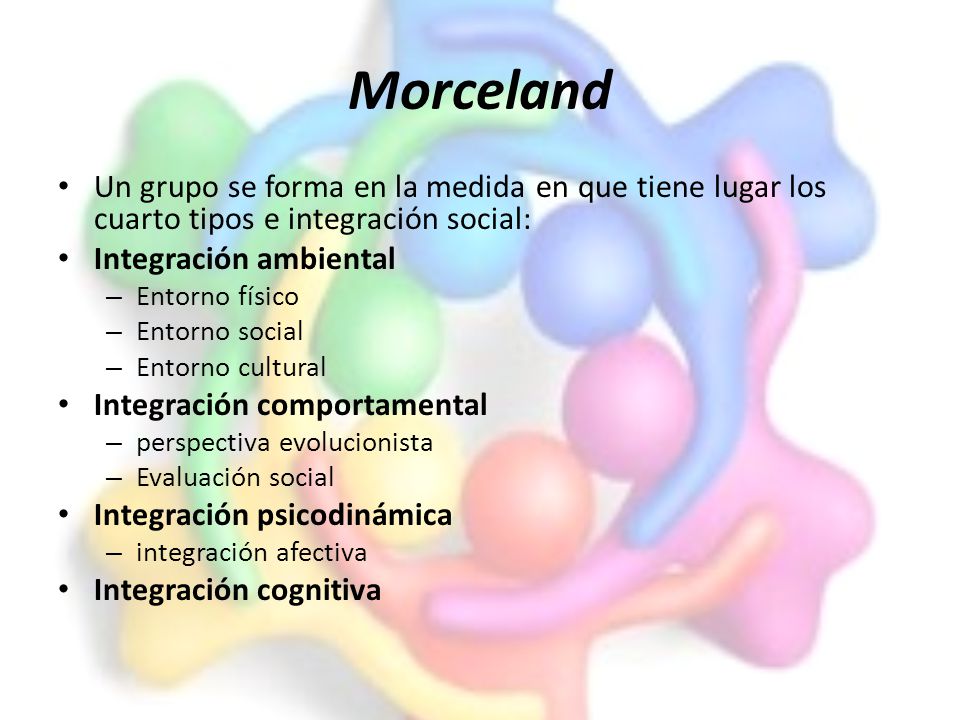 Morceland Un grupo se forma en la medida en que tiene lugar los cuarto tipos e integración social: Integración ambiental.