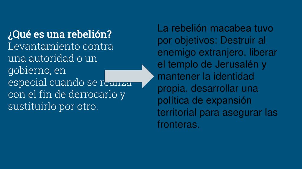 La rebelión macabea tuvo por objetivos: Destruir al enemigo extranjero, liberar el templo de Jerusalén y mantener la identidad propia. desarrollar una política de expansión territorial para asegurar las fronteras.