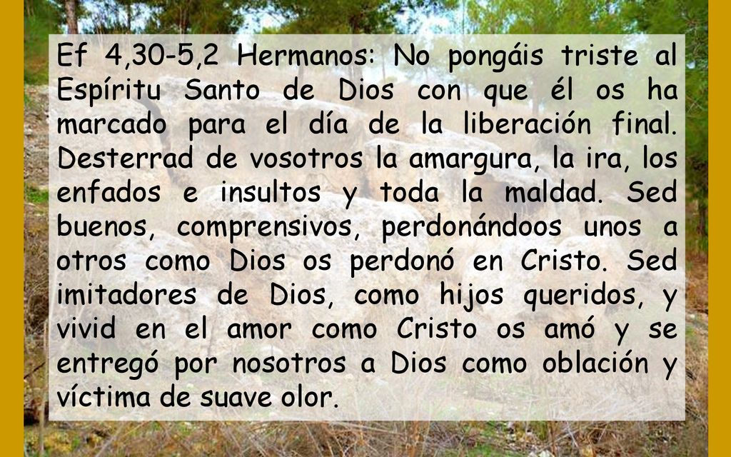 Ef 4,30-5,2 Hermanos: No pongáis triste al Espíritu Santo de Dios con que él os ha marcado para el día de la liberación final.