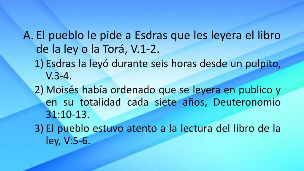 El pueblo le pide a Esdras que les leyera el libro de la ley o la Torá, V.1-2.