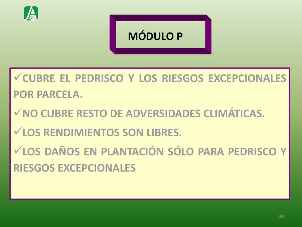 MÓDULO P CUBRE EL PEDRISCO Y LOS RIESGOS EXCEPCIONALES POR PARCELA. NO CUBRE RESTO DE ADVERSIDADES CLIMÁTICAS.