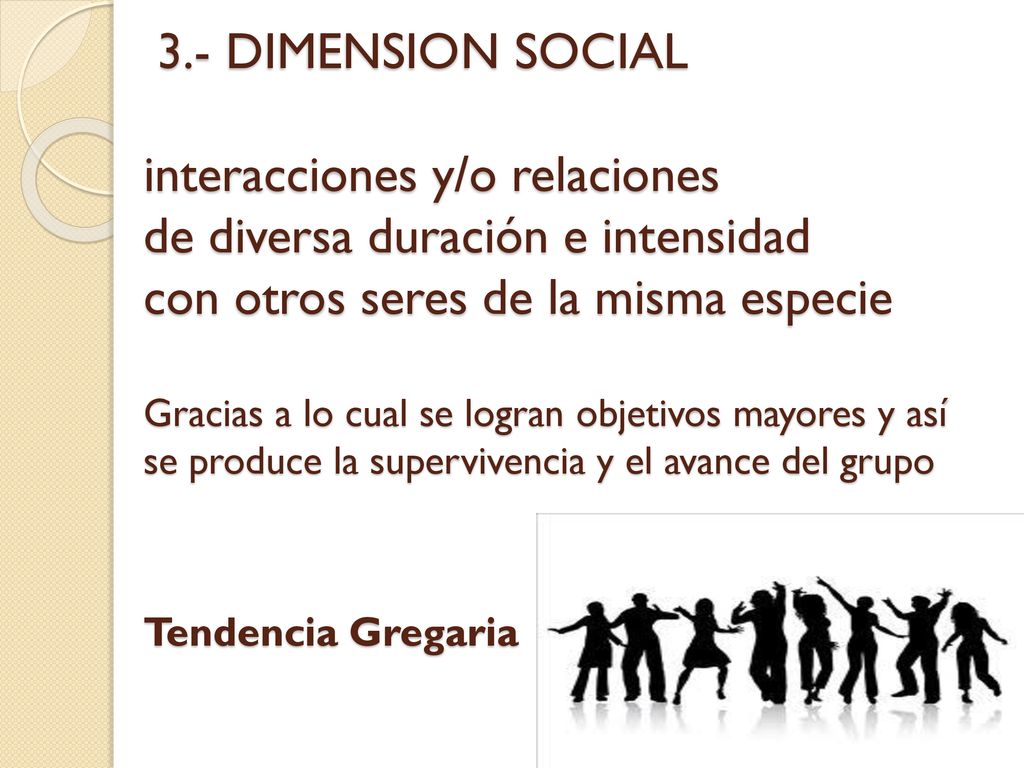 3.- DIMENSION SOCIAL interacciones y/o relaciones de diversa duración e intensidad con otros seres de la misma especie Gracias a lo cual se logran objetivos mayores y así se produce la supervivencia y el avance del grupo Tendencia Gregaria