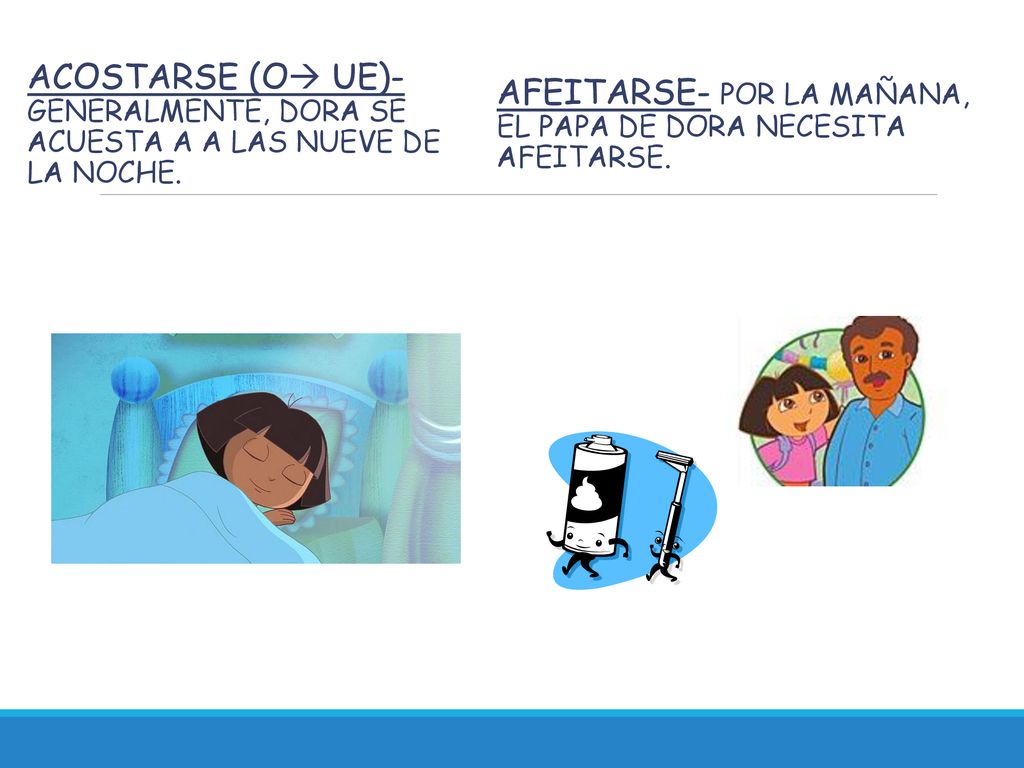 acostarse (o ue)- Generalmente, Dora se acuesta a a las nueve de la noche.