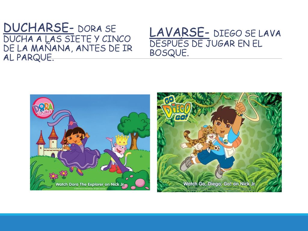 ducharse- Dora se ducha a las siete y cinco de la mañana, antes de ir al parque.
