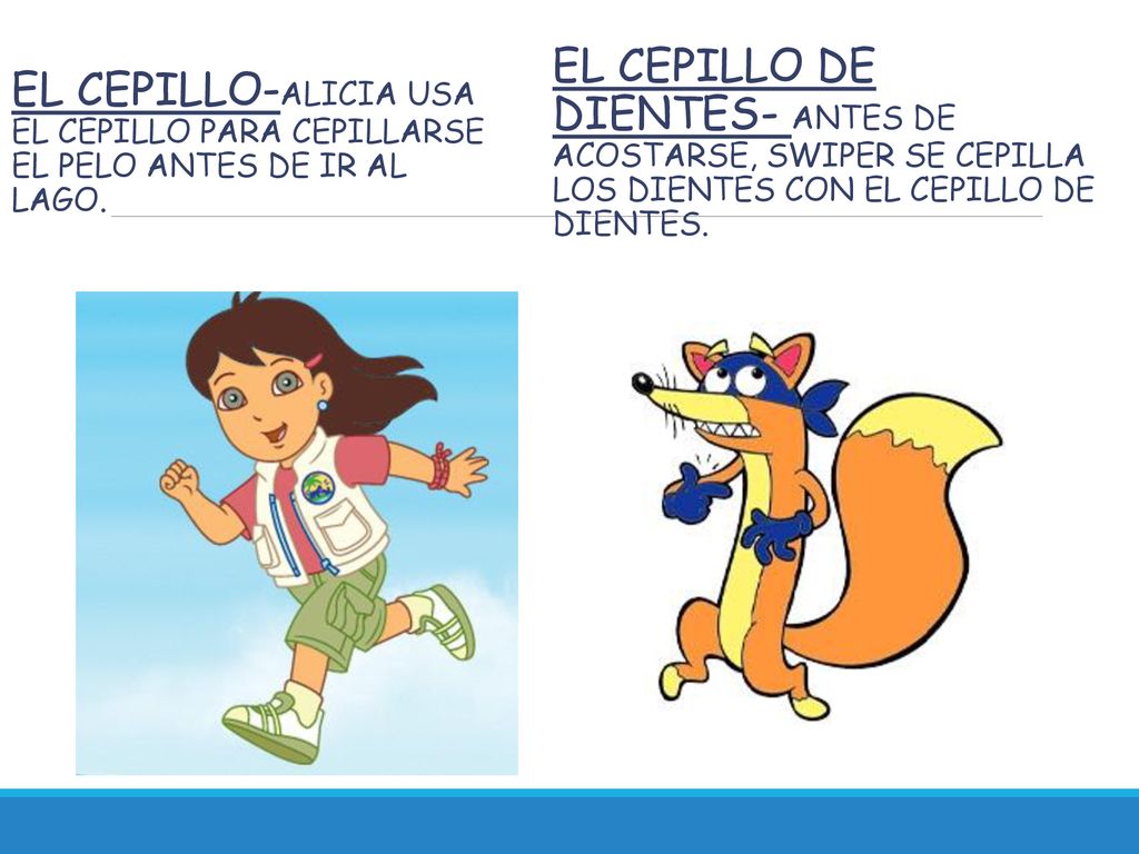 el cepillo-Alicia usa el cepillo para cepillarse el pelo antes de ir al lago.