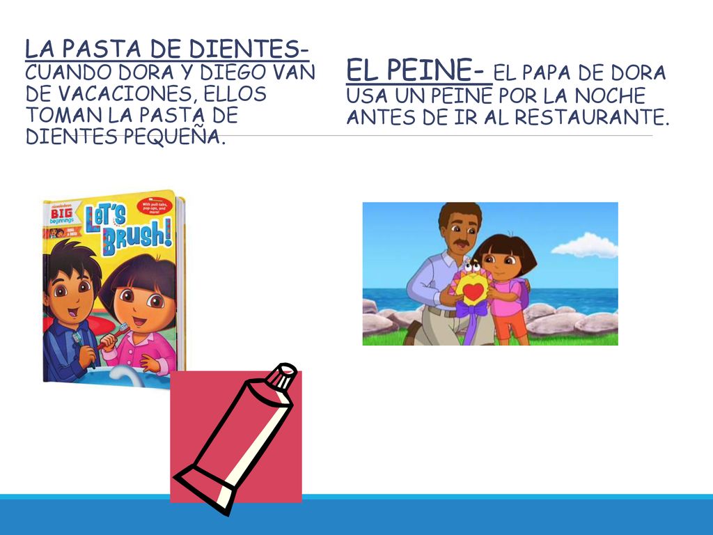 la pasta de dientes- Cuando Dora y Diego van de vacaciones, ellos toman la pasta de dientes pequeña.