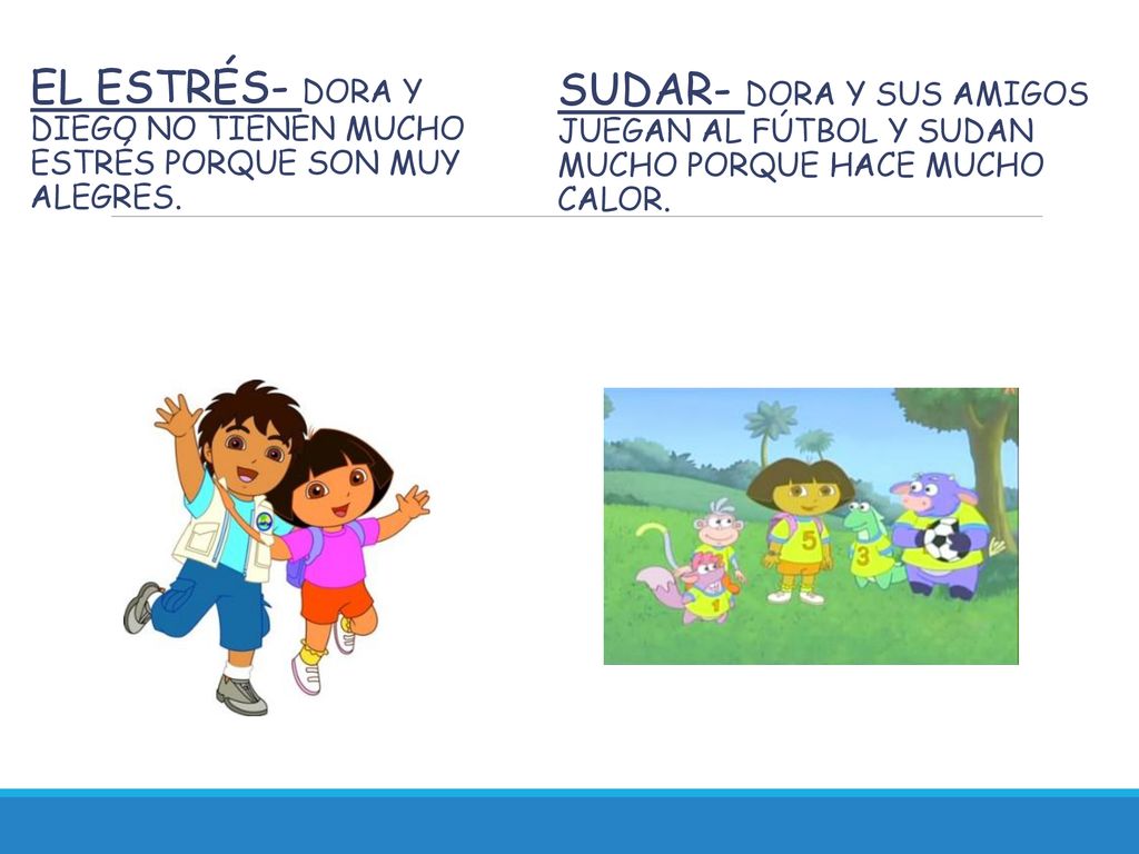 el estrés- Dora y Diego no tienen mucho estrés porque son muy alegres.
