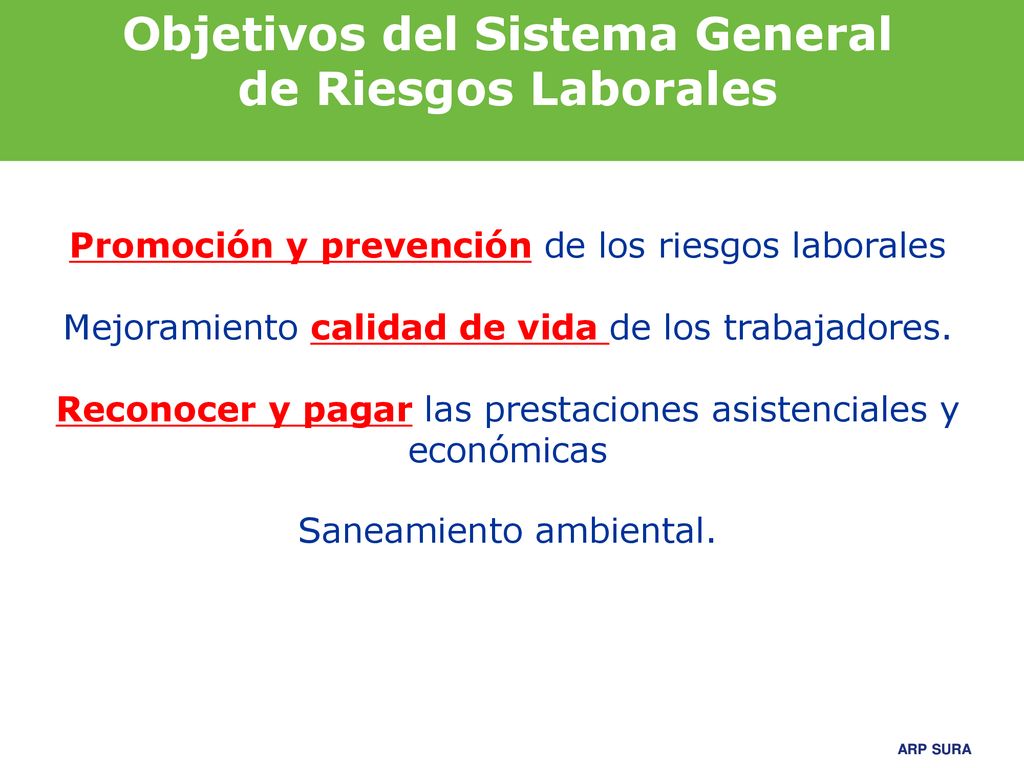 Objetivos del Sistema General de Riesgos Laborales Promoción y prevención de los riesgos laborales Mejoramiento calidad de vida de los trabajadores.
