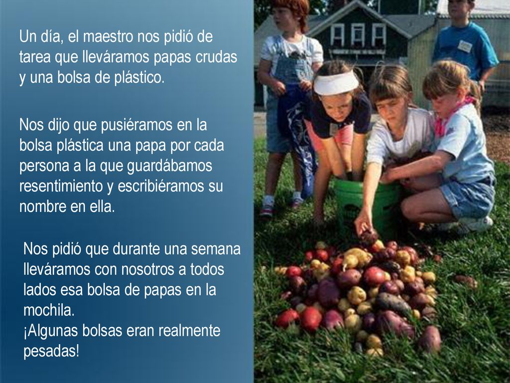 Un día, el maestro nos pidió de tarea que lleváramos papas crudas y una bolsa de plástico.