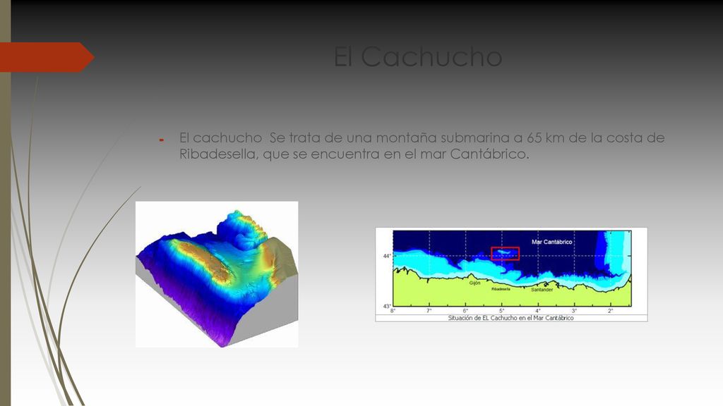 El Cachucho El cachucho Se trata de una montaña submarina a 65 km de la costa de Ribadesella, que se encuentra en el mar Cantábrico.