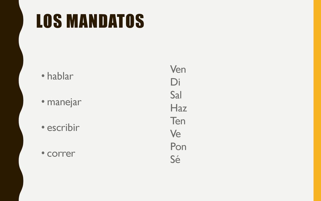 Los mandatos Ven Di Sal Haz Ten Ve Pon Sé hablar manejar escribir