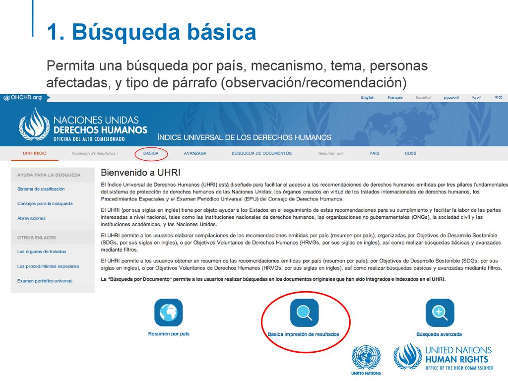 1. Búsqueda básica Permita una búsqueda por país, mecanismo, tema, personas afectadas, y tipo de párrafo (observación/recomendación)