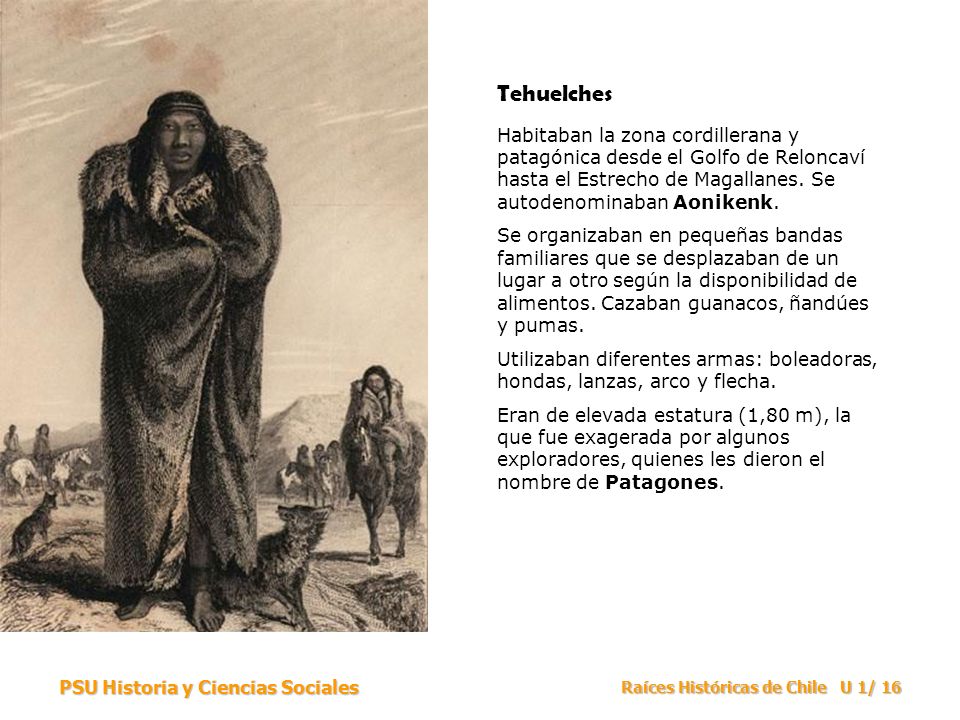 Tehuelches Habitaban la zona cordillerana y patagónica desde el Golfo de Reloncaví hasta el Estrecho de Magallanes. Se autodenominaban Aonikenk.