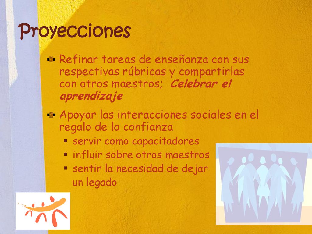 Proyecciones Refinar tareas de enseñanza con sus respectivas rúbricas y compartirlas con otros maestros; Celebrar el aprendizaje.