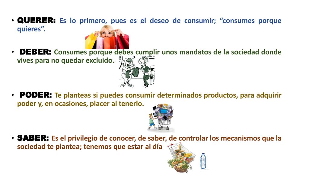 QUERER: Es lo primero, pues es el deseo de consumir; consumes porque quieres .