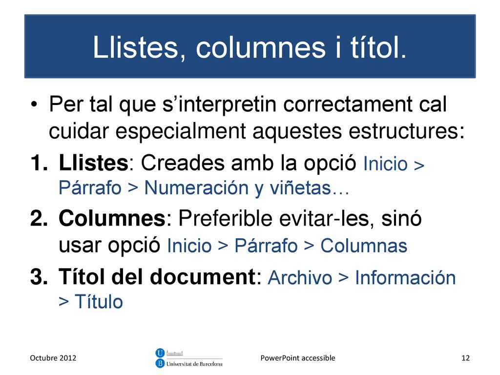 Llistes, columnes i títol.