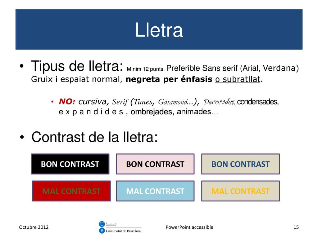 Lletra Tipus de lletra: Mínim 12 punts. Preferible Sans serif (Arial, Verdana) Gruix i espaiat normal, negreta per énfasis o subratllat.
