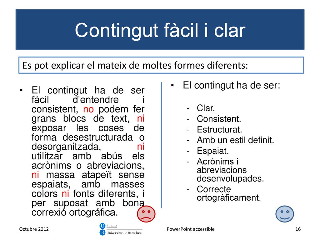 Contingut fàcil i clar Es pot explicar el mateix de moltes formes diferents: El contingut ha de ser: