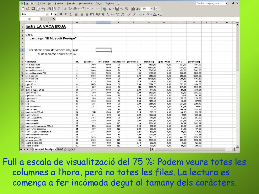 Full a escala de visualització del 75 %: Podem veure totes les columnes a l’hora, però no totes les files.