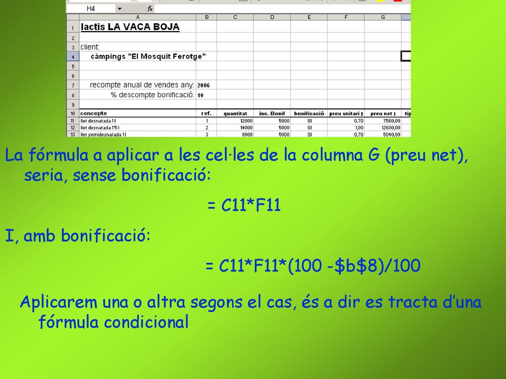 La fórmula a aplicar a les cel·les de la columna G (preu net), seria, sense bonificació: