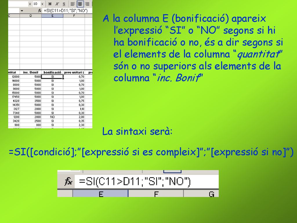 A la columna E (bonificació) apareix l’expressió SI o NO segons si hi ha bonificació o no, és a dir segons si el elements de la columna quantitat són o no superiors als elements de la columna inc. Bonif
