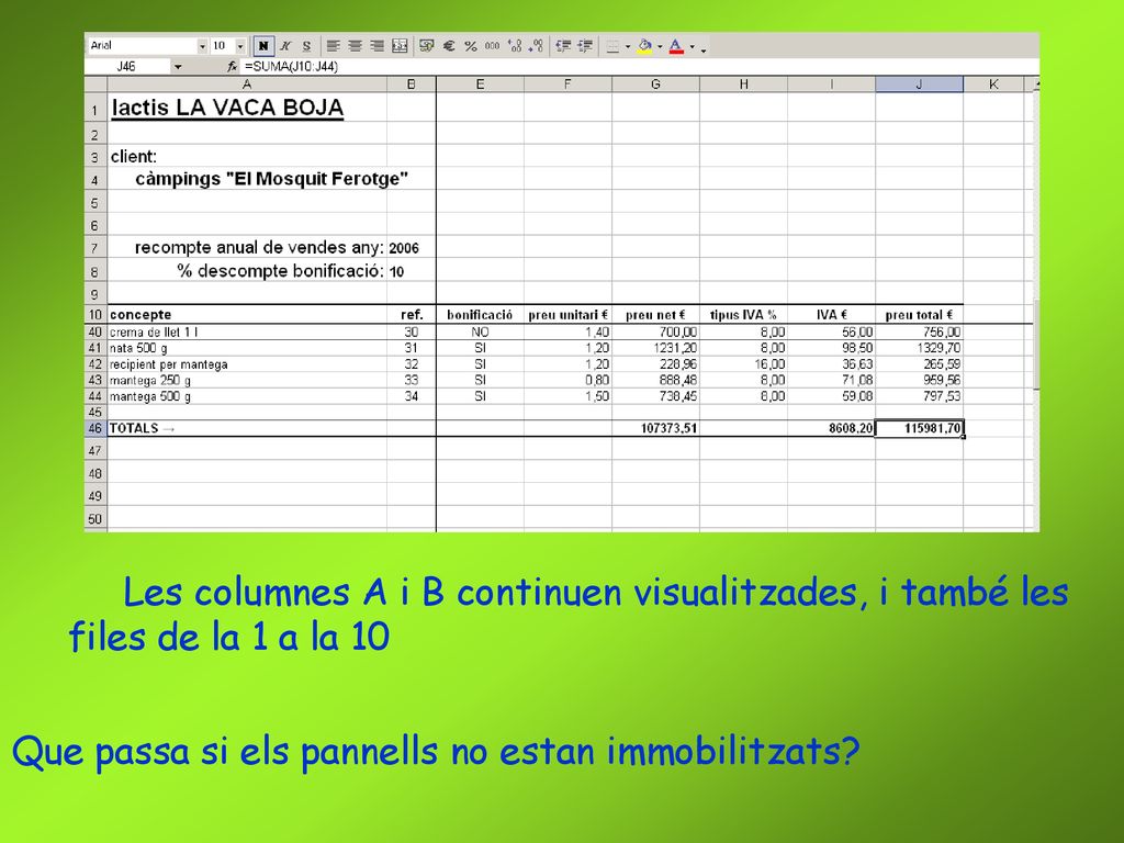 Les columnes A i B continuen visualitzades, i també les files de la 1 a la 10