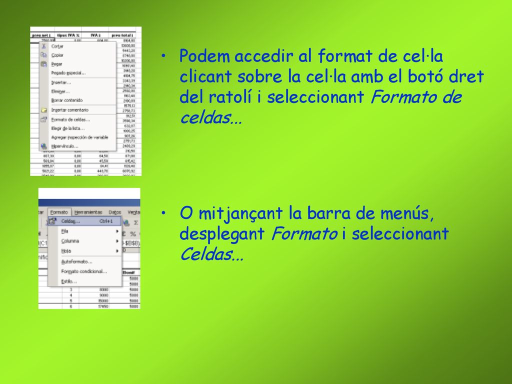 Podem accedir al format de cel·la clicant sobre la cel·la amb el botó dret del ratolí i seleccionant Formato de celdas...