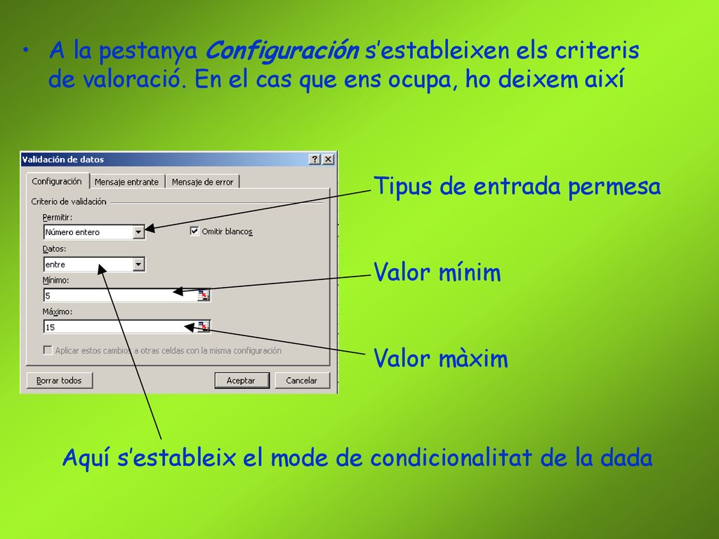 A la pestanya Configuración s’estableixen els criteris de valoració