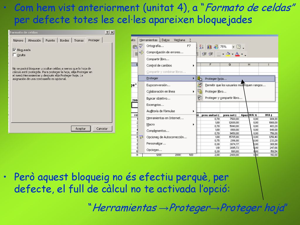 Com hem vist anteriorment (unitat 4), a Formato de celdas per defecte totes les cel·les apareixen bloquejades