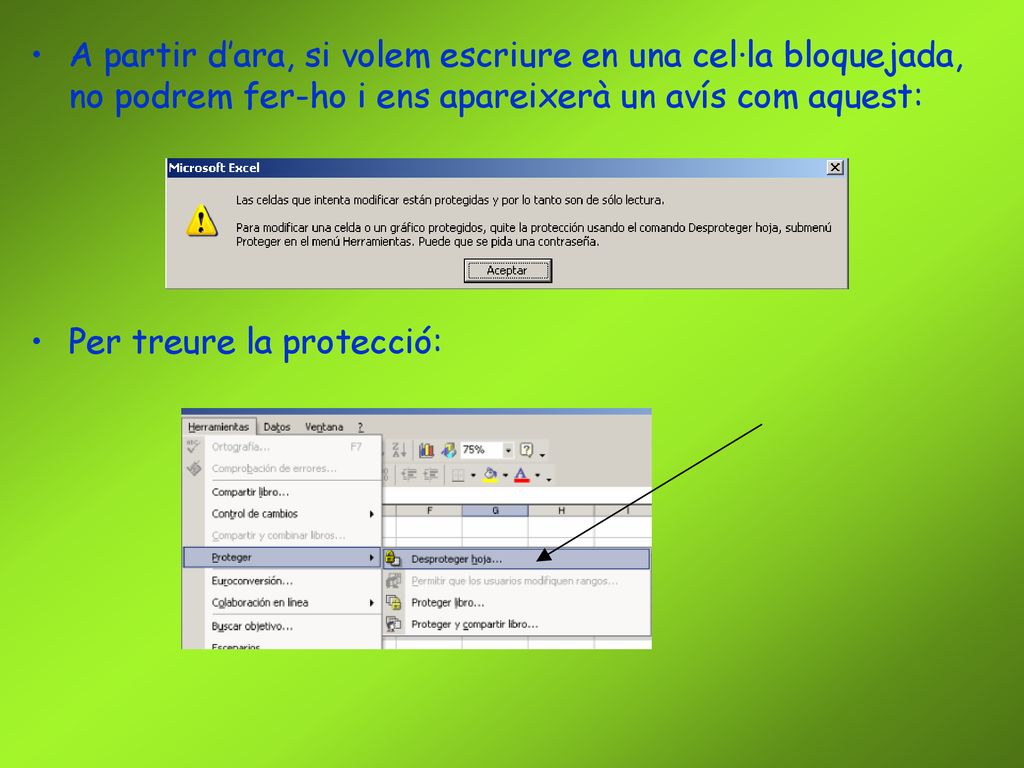 A partir d’ara, si volem escriure en una cel·la bloquejada, no podrem fer-ho i ens apareixerà un avís com aquest: