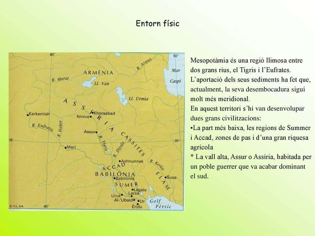 Entorn físic Mesopotàmia és una regió llimosa entre dos grans rius, el Tigris i l’Eufrates.