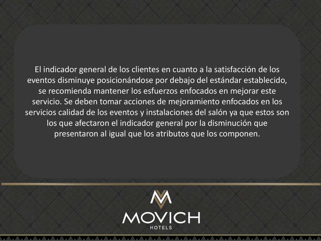 El indicador general de los clientes en cuanto a la satisfacción de los eventos disminuye posicionándose por debajo del estándar establecido, se recomienda mantener los esfuerzos enfocados en mejorar este servicio.