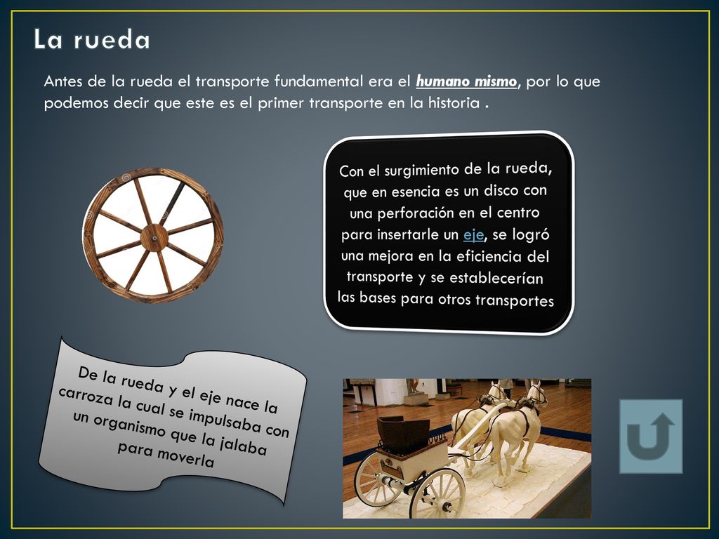 La rueda Antes de la rueda el transporte fundamental era el humano mismo, por lo que podemos decir que este es el primer transporte en la historia .