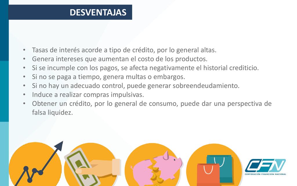 DESVENTAJAS Tasas de interés acorde a tipo de crédito, por lo general altas. Genera intereses que aumentan el costo de los productos.