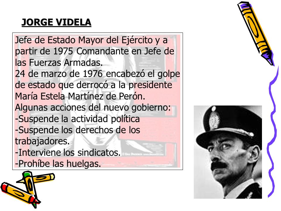 JORGE VIDELA Jefe de Estado Mayor del Ejército y a. partir de 1975 Comandante en Jefe de. las Fuerzas Armadas.