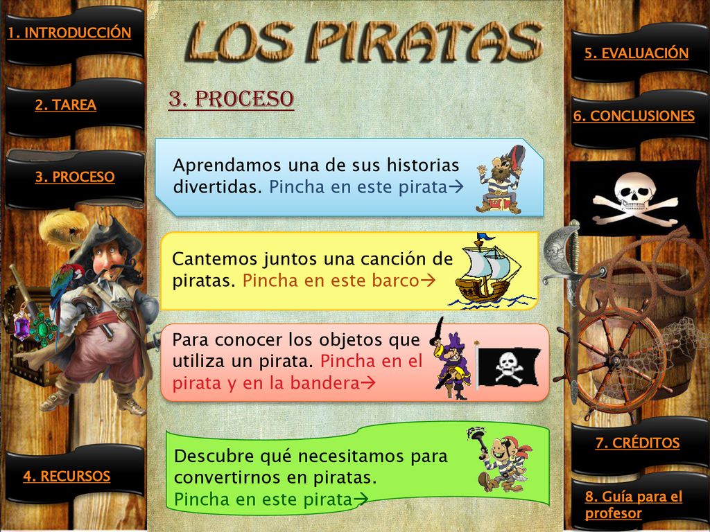 1. INTRODUCCIÓN 5. EVALUACIÓN. 3. PROCESO. 6. CONCLUSIONES. 2. TAREA. Aprendamos una de sus historias divertidas. Pincha en este pirata