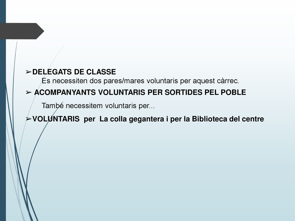 DELEGATS DE CLASSE Es necessiten dos pares/mares voluntaris per aquest càrrec. ACOMPANYANTS VOLUNTARIS PER SORTIDES PEL POBLE.